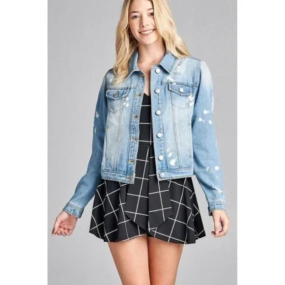 Light Blue Denim Bleach Spot Distressed Jacket - Picture 3 of 6